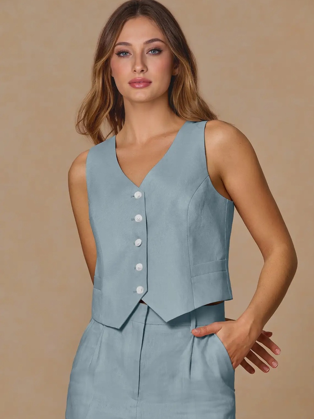 Azazie Light Blue Sleeveless Buttoned Vest Pantsuit